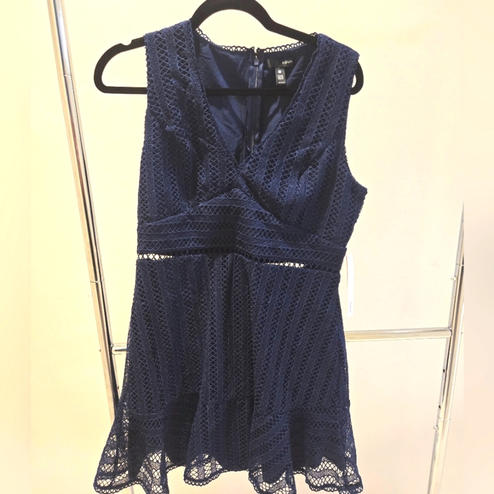 Aqua Navy Blue Lace Fit-and-Flare Mini Dress
